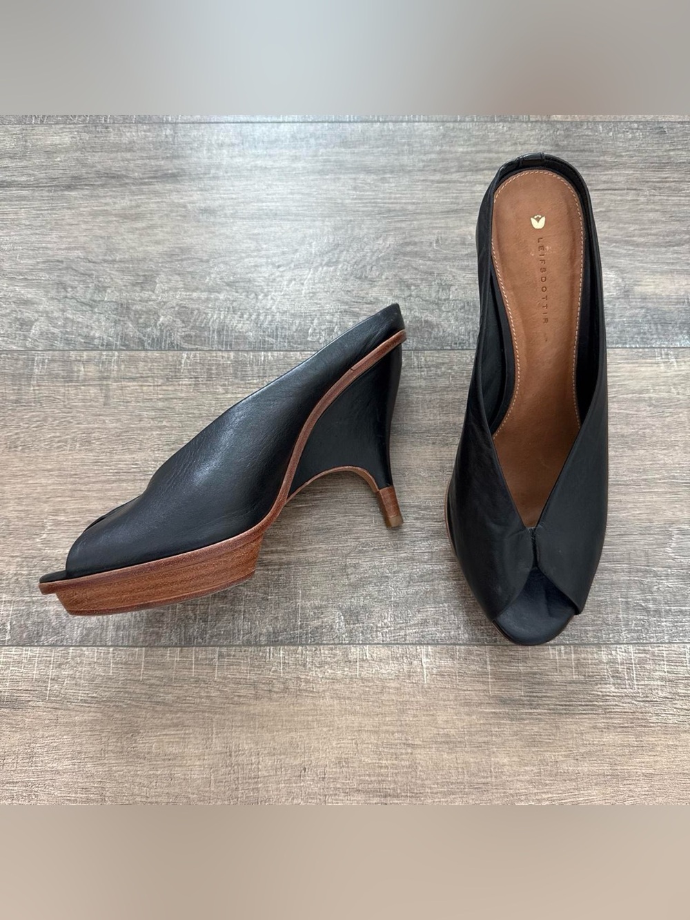 LEIFSDOTTIR Black Leather Peep Toe Wedge Mule Heels